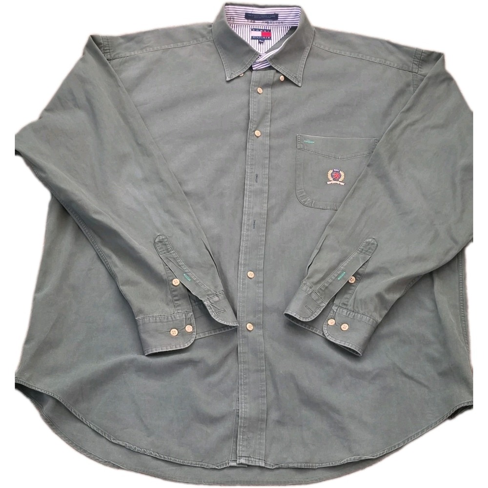 Tommy Hilfiger Mens Button Down Shirt XL Green Long Sleeve Embroidered Logo Prep
